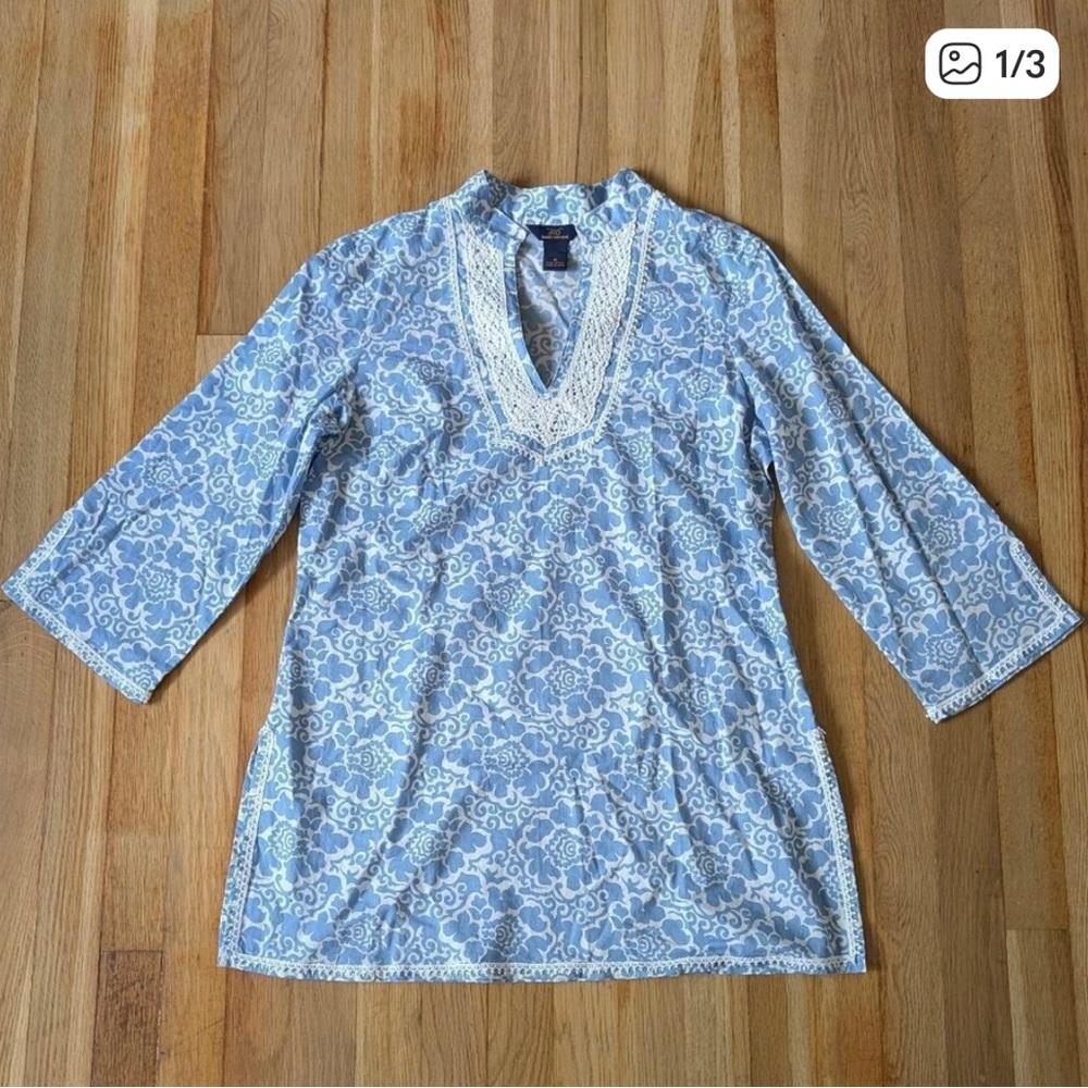 "346" Brooks Brothers cotton popover blue and white tunic top blouse